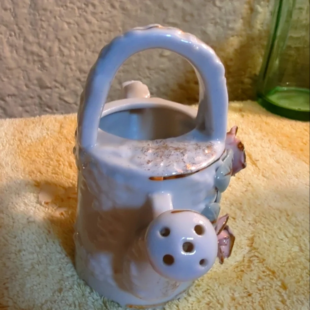 Vintage 1950's 3D Vase Pink Roses Ribbed Watering Can Gold Trim Chase Handpainte